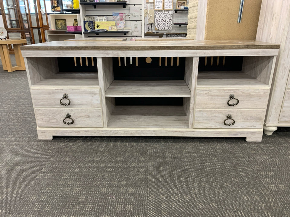 ASHLEY 2 DRAWER 4 SHELF CONSOLE TABLE.