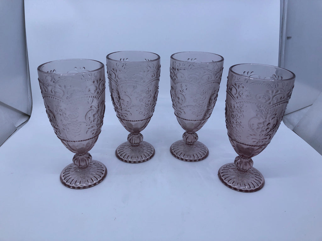 4 PINK FOOTED EMBOSSED GLASSES.