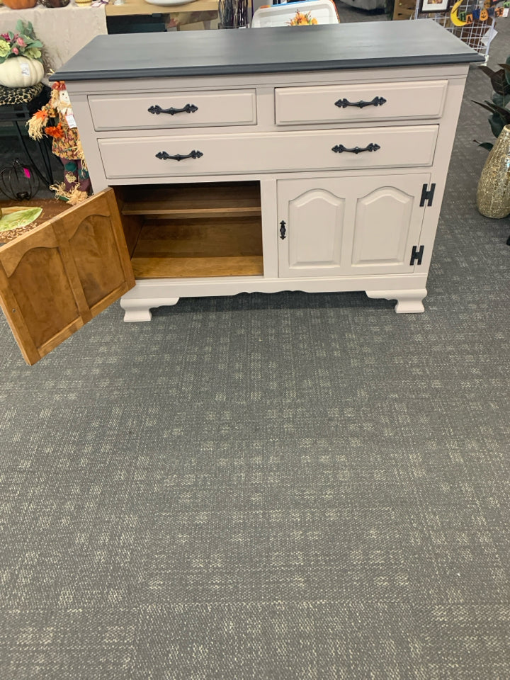 GREY W BLACK TOP BUFFET CABINET.