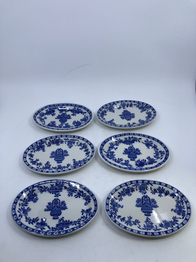 6 WHITE & BLUE SMALL PLATES W/FLORAL DESIGN JACKSON CHINA COOKS.