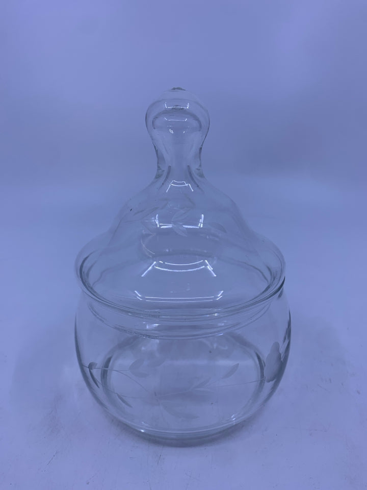 ETCHED FLOWER GLASS CANDY BOWL W/ LID.
