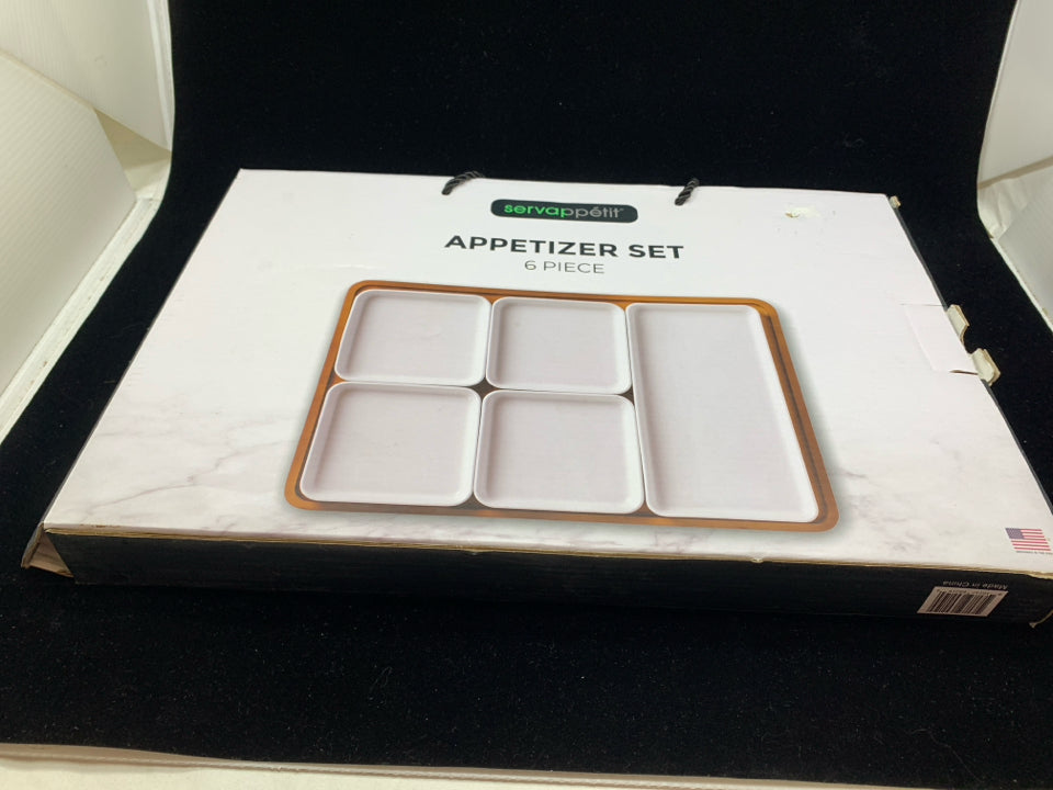 6PC WHITE APPETIZER SET W/BAMBOO TRAY IN BOX.