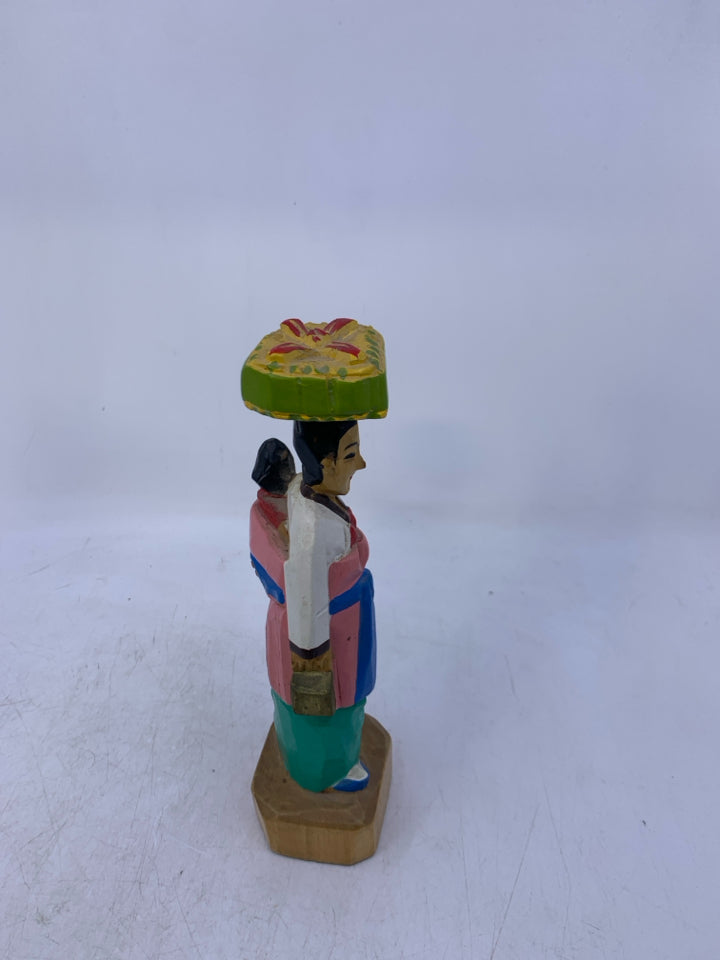 HAND CARVED PAINTED WOMAN HOLDING CHILD W/ BOX ON HEAD MADE IN KOREA.