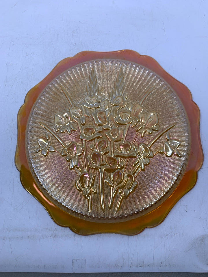 VTG PEACH DEPRESSION GLASS EMBOSSED FLORAL SERVER.