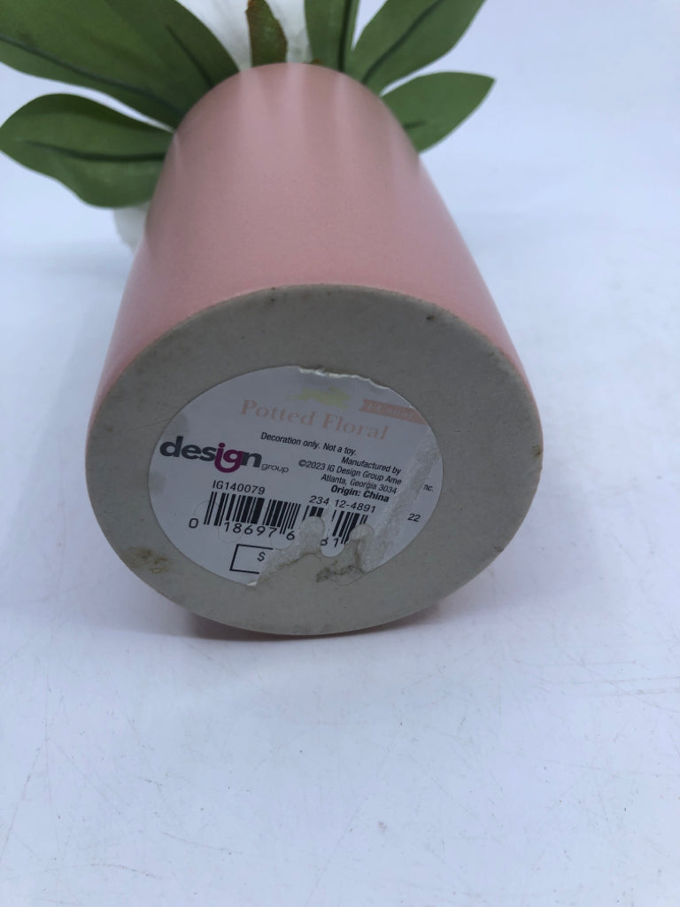 CYLINDER PINK VASE W/ FAUX WHITE FLOWERS.