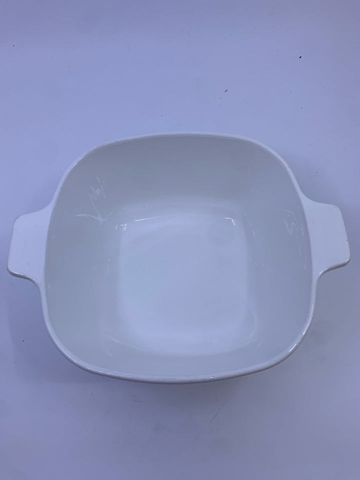 WHITE CASSEROLE DISH WITH BLUE FLORAL.