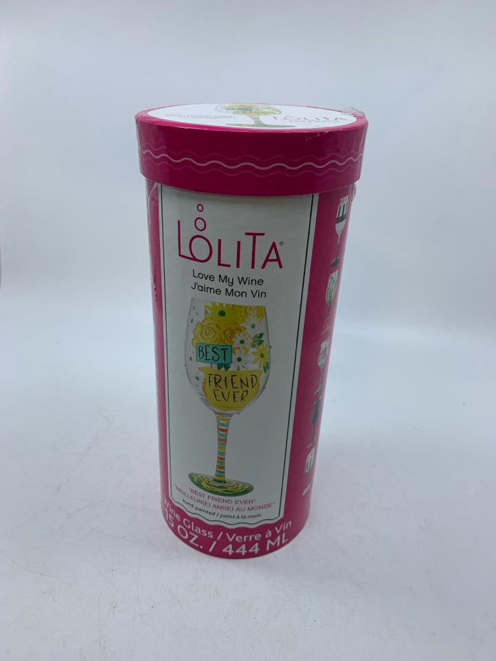 NIB BEST FRIEND EVER FLORAL WINE GLASS.