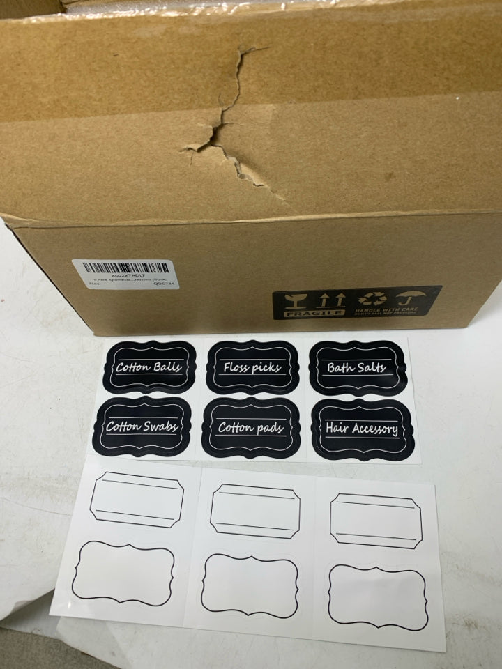 NIB 6 SMALL APOTHECARY JARS W/ BLACK LIDS.