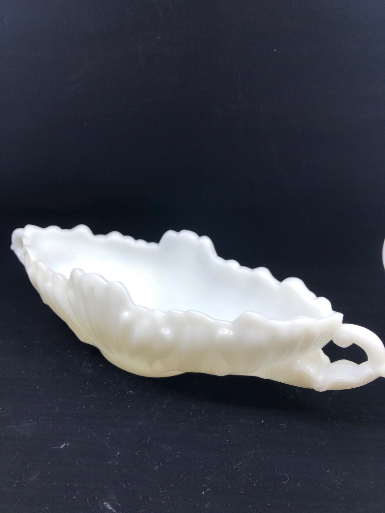 LARGE HEAVY MILK GLASS ABSTRACT CENTERPIECE W/ HANDLES.