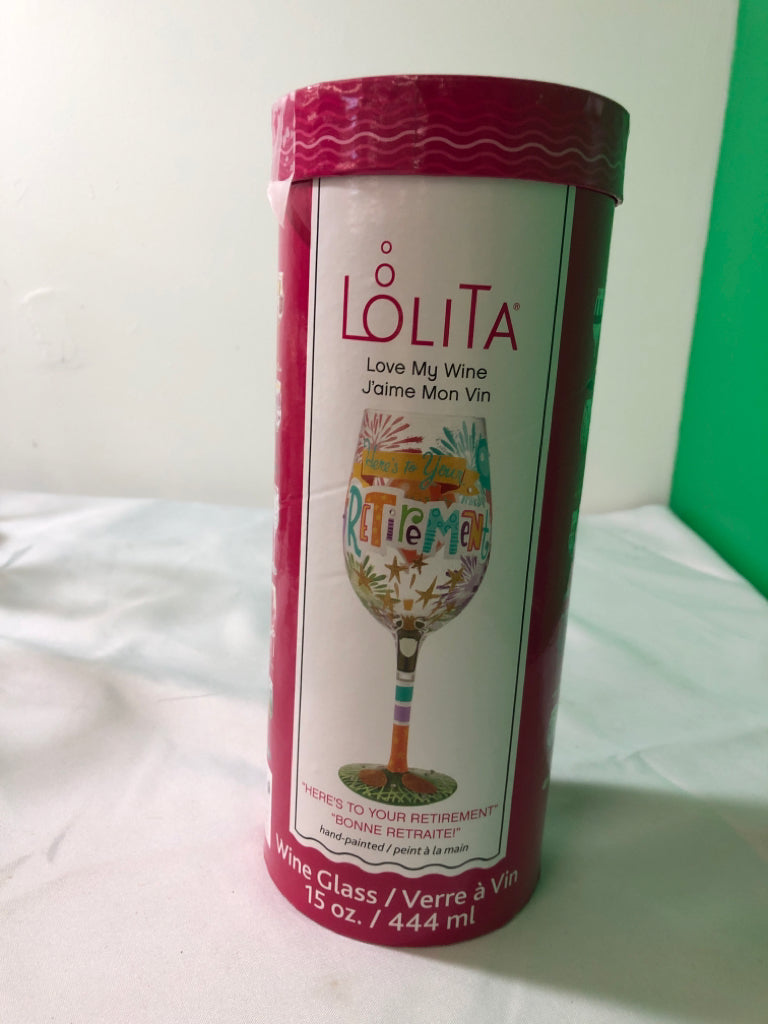NIB LOLITA RETIREMENT WINE GLASS.