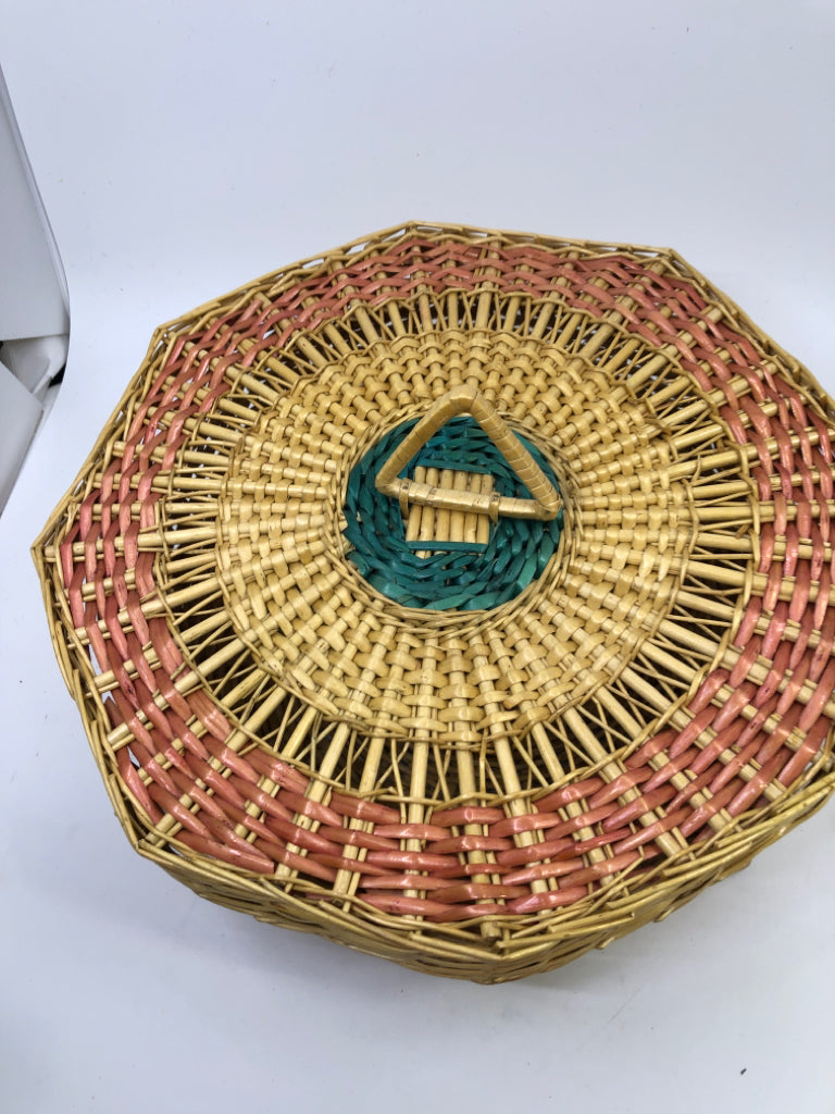 OCTAGON BLONDE BASKET WITH PINK/GREEN PATTERN LID.