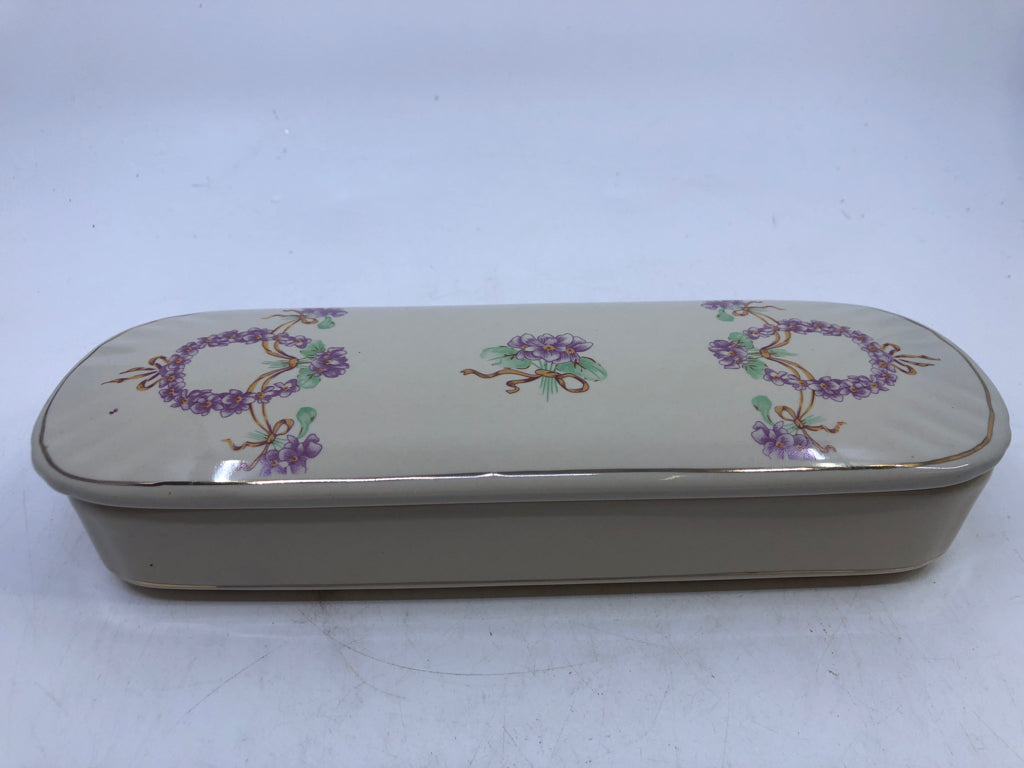 OVAL CERAMIC BEIGE JEWELRY BOX W/ LID MULTI COLORED FLOWERS.
