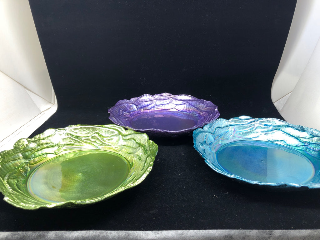 3 MULTI COLORED BLUE, GREEN, PURPLE CENTERPIECE BOWLS.