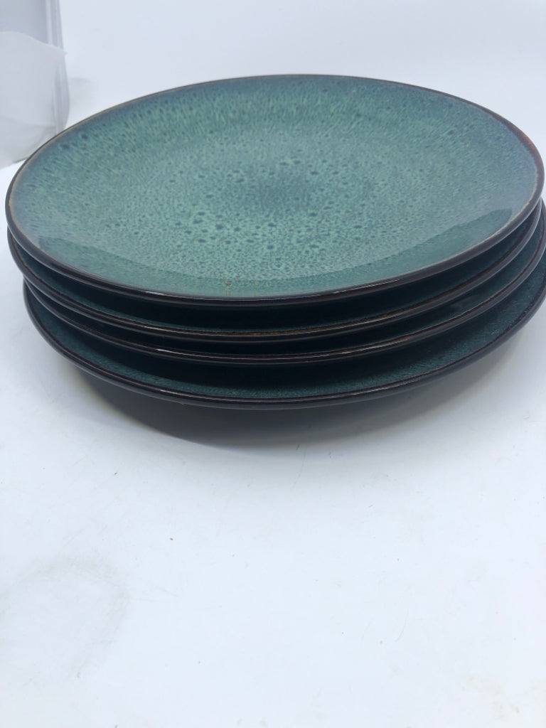 4 TEAL SPECKLED DINNER PLATES W/ BROWN EDGE.