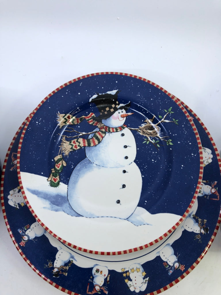 16 PC SVC 4 PRIMITIVE SNOWMAN DINNER,LUNCH,BOWLS,MUGS.
