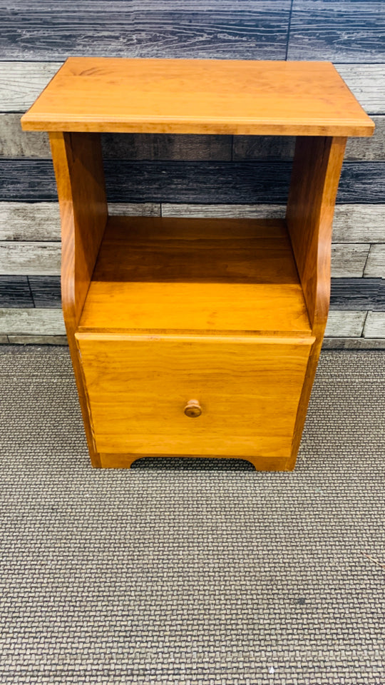 WOOD SIDE TABLE W SHELF AND DRAWER.