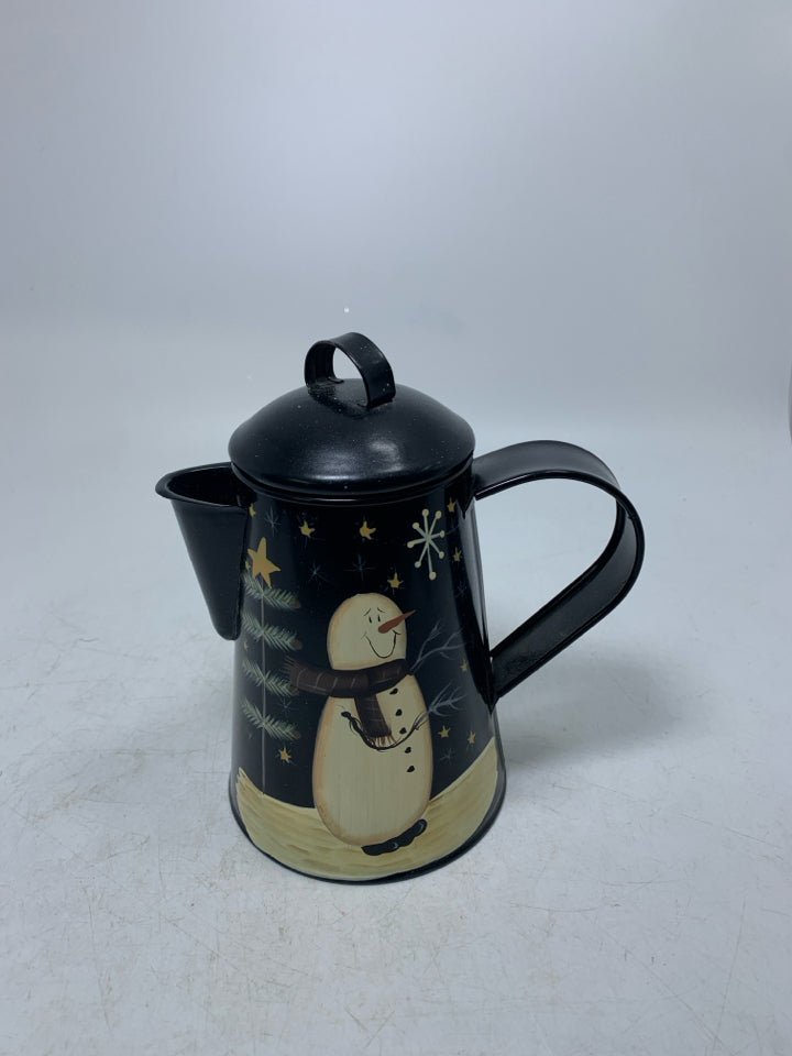 BLACK ENAMEL PRIMITIVE STYLE SNOWMAN PITCHER TEALIGHT HOLDER.