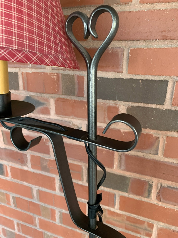 VTG METAL FLOOR LAMP W/SM RED SHADE.
