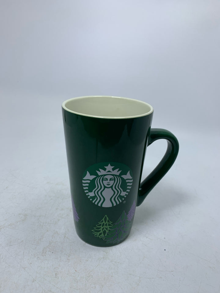 GREEN STARBUCKS MUG W/ PURPLE TREES.