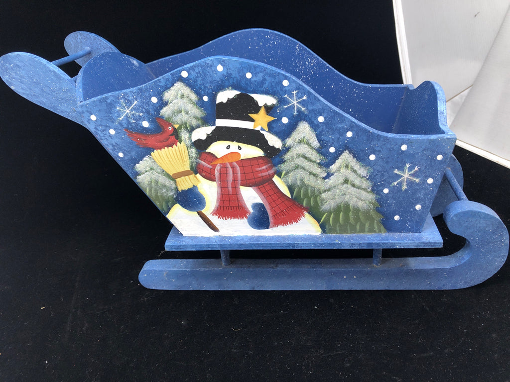 BLUE PAINTED SNOWMAN SLED.