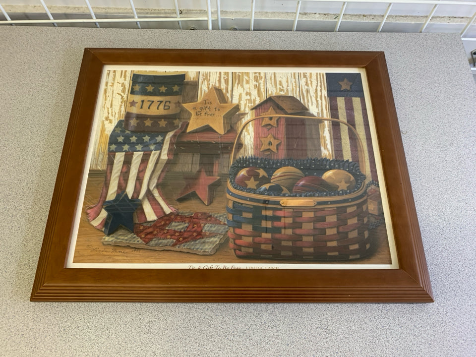 PRIMITIVE AMERICANA BASKET W WOOD FRAME WALL ART.