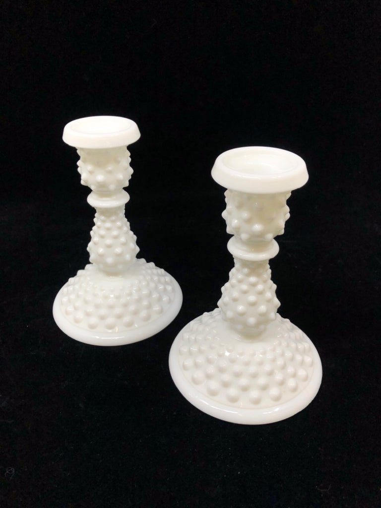 2 VTG HOBNAIL MILK GLASS TAPERED CANDLE HOLDERS.