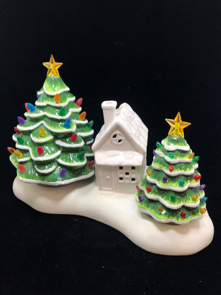 LIGHT UP XMAS TREES AND GLITTERY SNOWY COTTAGE.