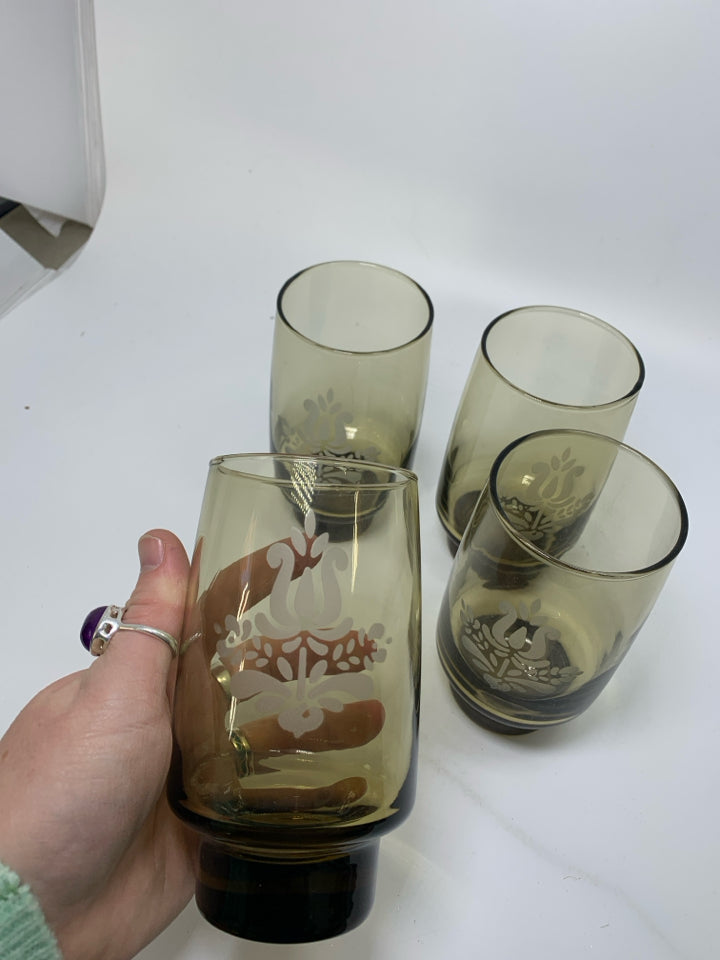 4 VTG FOOTED "VILLAGE" SMOKEY BROWN GLASSES.