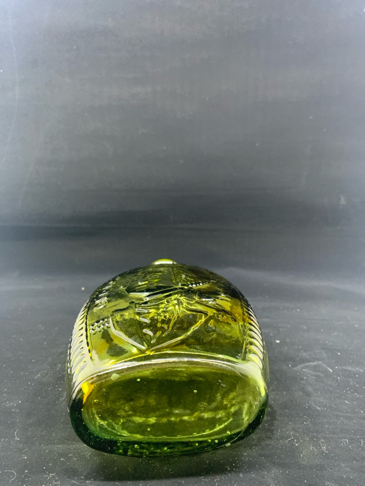 VTG GREEN GLASS EMPTY BOTTLE W EMBOSSED FACE.