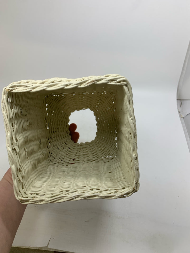 CREAM PAINTED WICKER TISSUE BOX COVER.