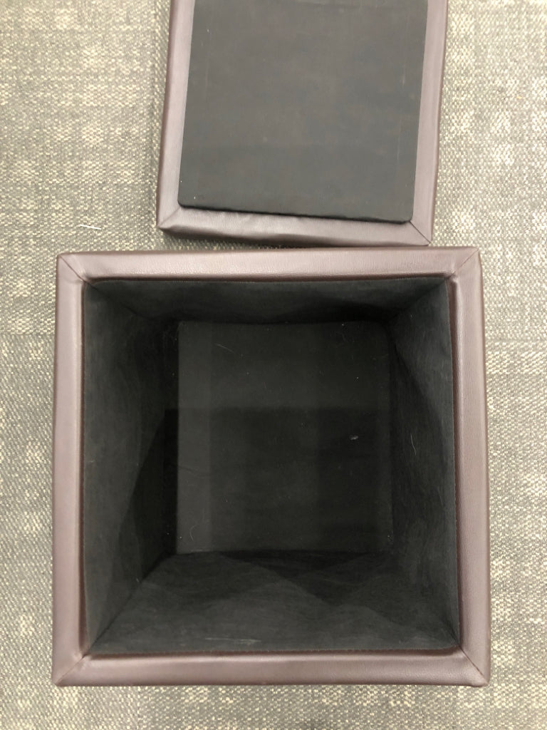 BROWN FAUX-LEATHER STORAGE CUBE.