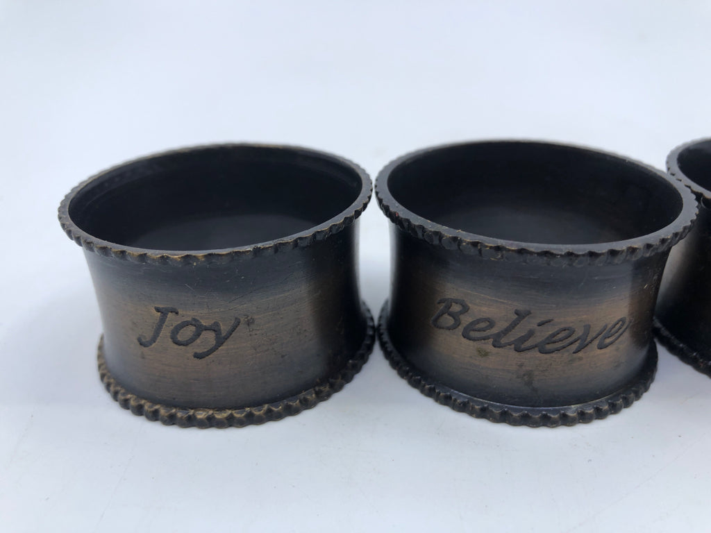 4 BLACK BROWN METAL NAPKIN RING HOLDER W SCRIPT.