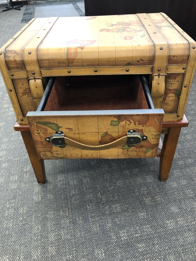 MAP FAUX LEATHER DESIGN SIDE TABLE CHEST SHAPE W/ DRAWER.