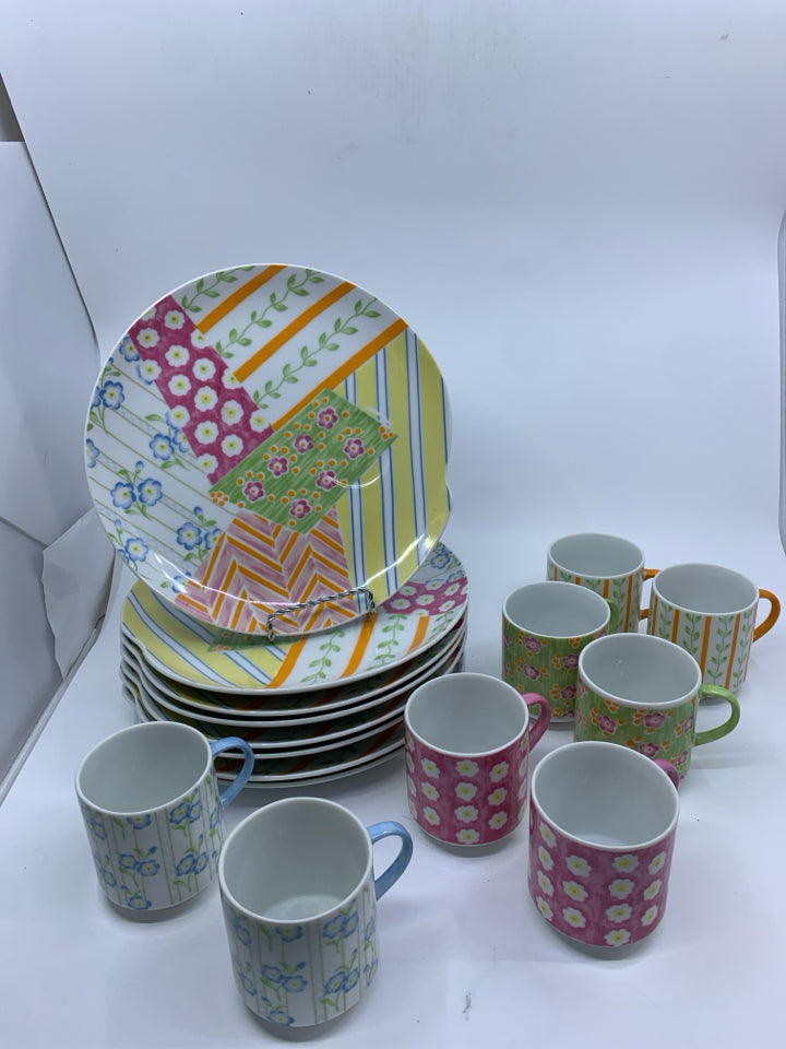 16PC COLORFUL MUG AND SNACK SET.