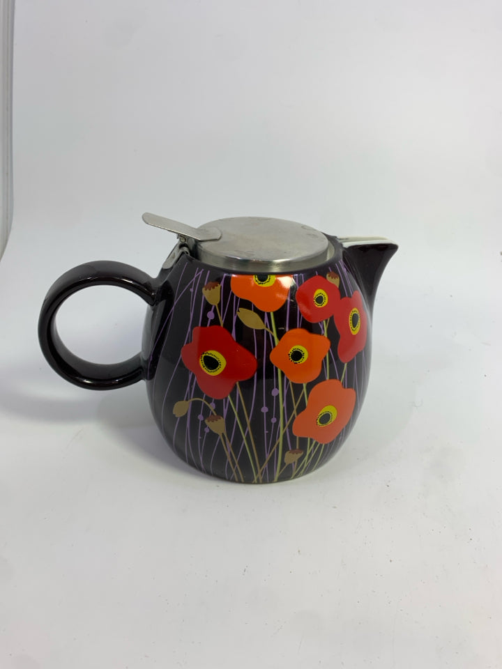 BROWN TEAPOT W/ ASSORTED FLOWERS + MESH STRAINER.