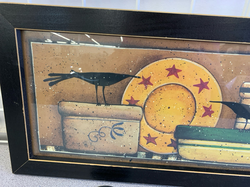PRIMITIVE CROCKS W/ CROWS BLACK FRAME WALL ART.