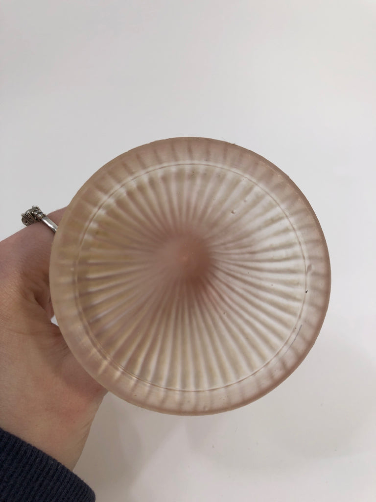 VTG PINK TINTED FROSTED FLOWER CANDLE HOLDER.