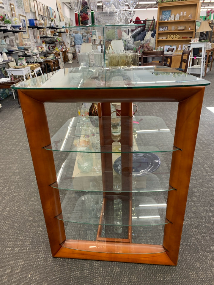 DARK WOOD CORNER SHELF W GLASS SHELVES.