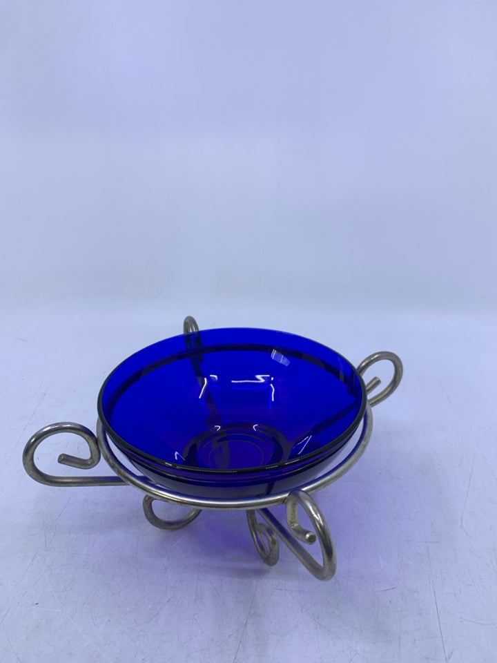 SILVER METAL FOOTED BASE W/ COBALT BLUE GLASS INSERT.