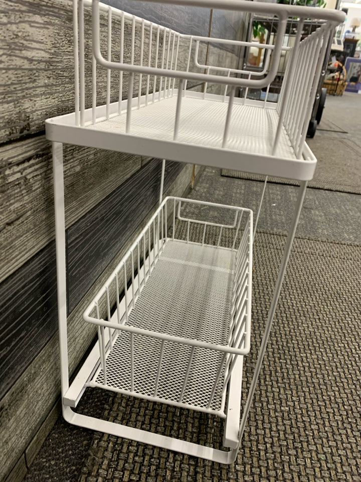 2 TIER WHITE METAL NARROW CABINET STORAGE SHELVES.