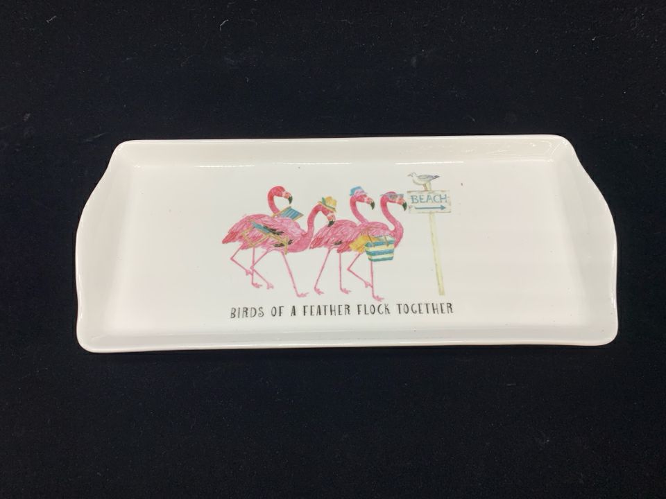 BIRDS OF A FEATHER CERAMIC FLAMINGO TRAY.