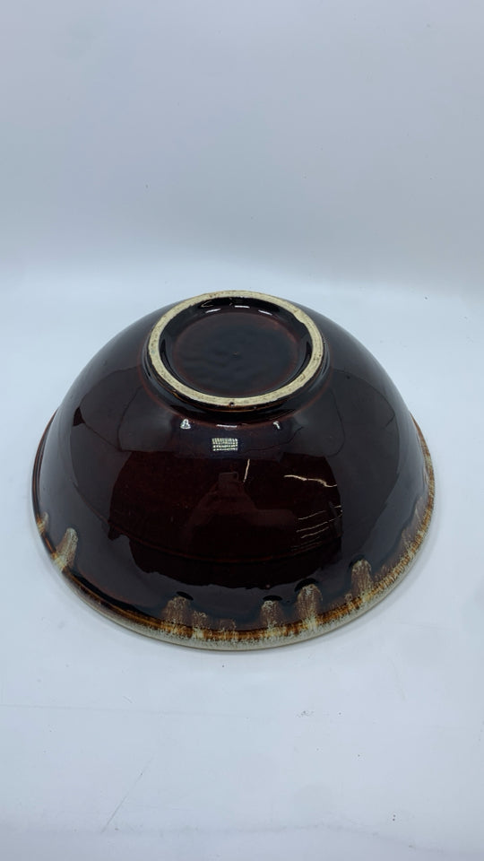 VTG BROWN DRIP GLAZE POTTERY BOWL W/CREAM EDGE.