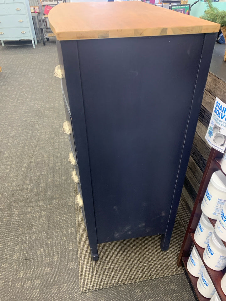 DARK BLUE DRESSER W/WOOD TOP 4 DRAWERS.