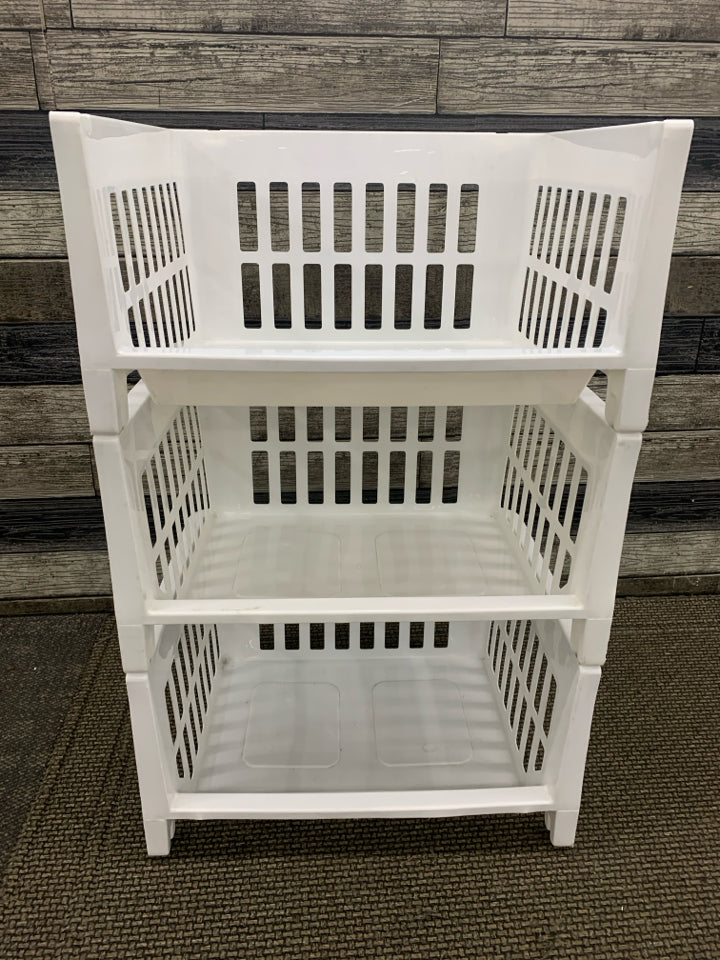 3TIER STACKING WHITE PLASTIC STORAGE BINS.