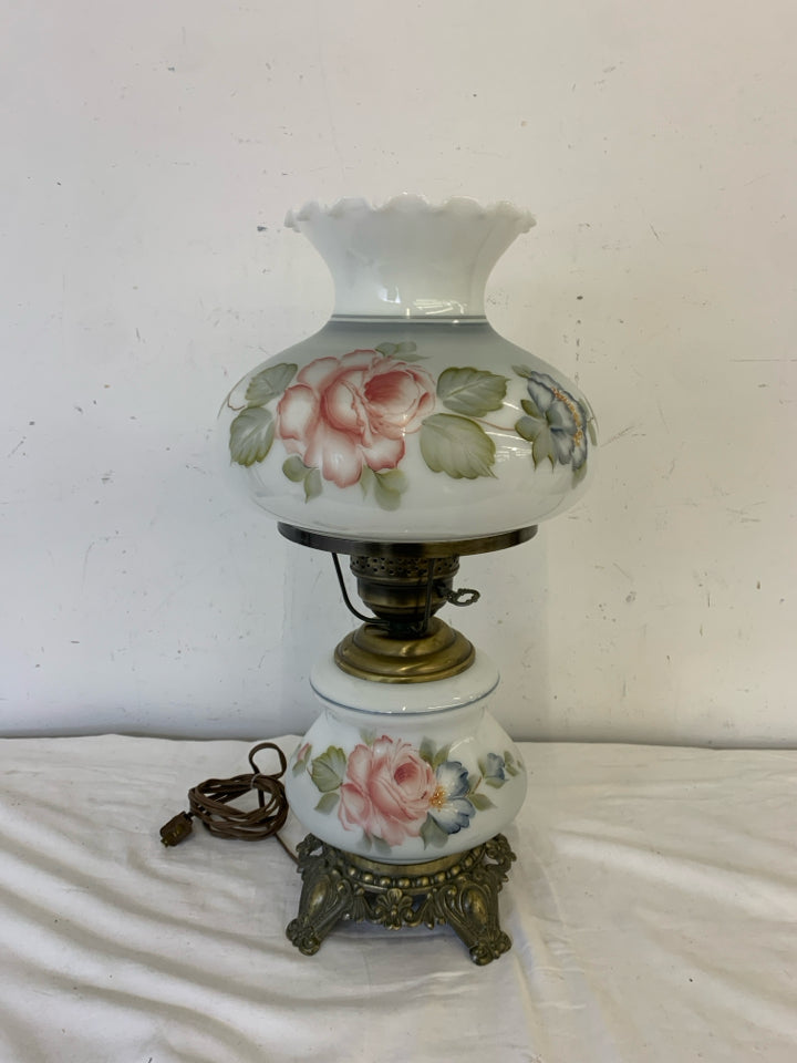 VTG WHITE GLASS HURRICANE LAMP W/ PAINTED BLUE FLOWERS 3 WAY.