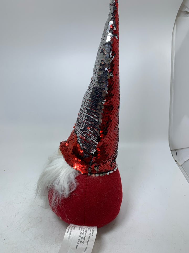 RED PLUSH GNOME W/ RED & SILVER SEQUENCE HAT.