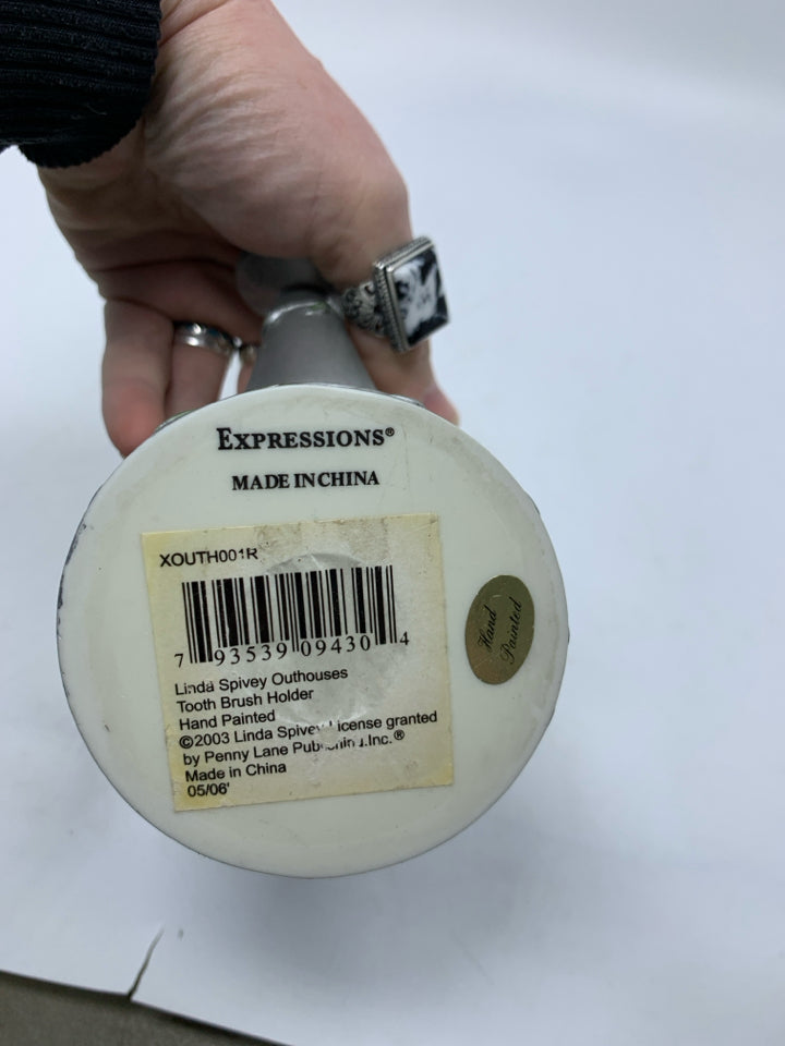 RESIN GREY WATERING CAN TOOTHBRUSH HOLDER.