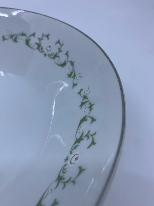 2 SHEFFIELD SERVING BOWLS SILVER RIM WHITE ROSES W/ GREEN LEAVES.