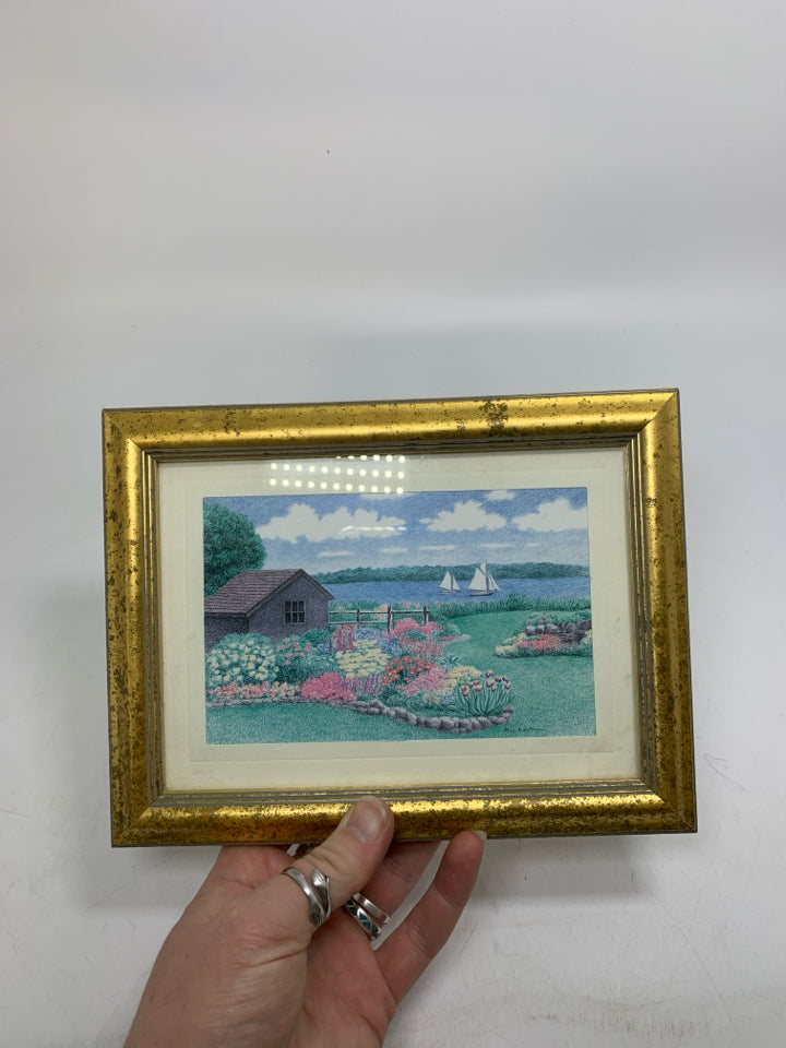 SMALL FRAMED FLOWER GARDEN W/ SAILBOATS IN GOLD FRAME.