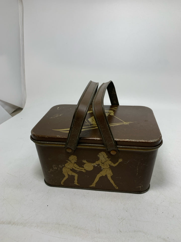 VTG BROWN METAL WOMAN PLAYING SPORTS SEWING BOX DECOWARE.
